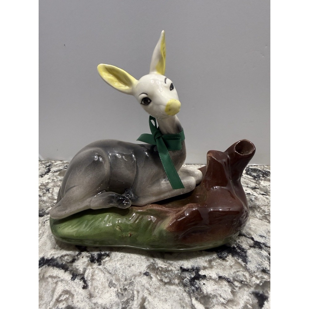 Vintage Doe Deer Fawn Resting in Grass Stump Vase MCM